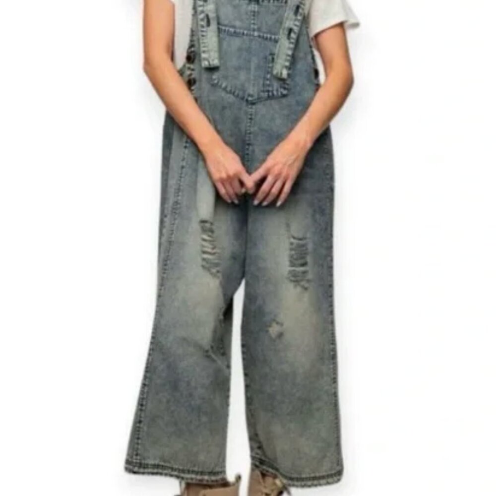 Easel Sanforized Distressed Oversized Denim Overalls - Small